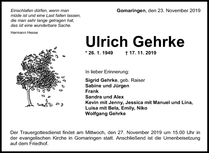  Traueranzeige für Ulrich Gehrke vom 23.11.2019 aus Reutlinger General-Anzeiger