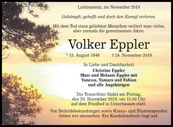 Anzeige von Volker Eppler von Reutlinger General-Anzeiger