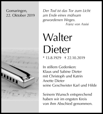 Anzeige von Walter Dieter von Reutlinger General-Anzeiger