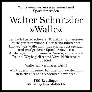 Anzeige von Walter Schnitzler von Reutlinger General-Anzeiger