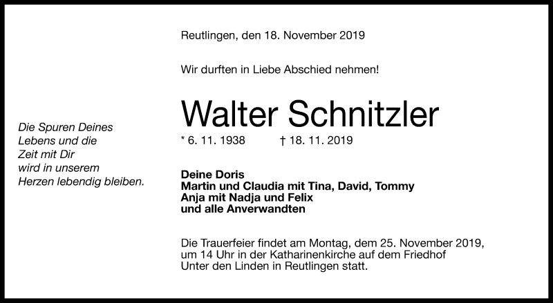  Traueranzeige für Walter Schnitzler vom 22.11.2019 aus Reutlinger General-Anzeiger