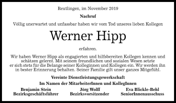 Anzeige von Werner Hipp von Reutlinger General-Anzeiger