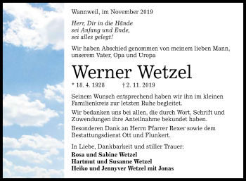 Anzeige von Werner Wetzel von Reutlinger General-Anzeiger