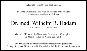 Anzeige von Wilhelm R. Hadam von Reutlinger General-Anzeiger