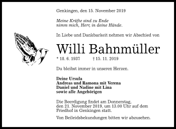 Anzeige von Willi Bahnmüller von Reutlinger General-Anzeiger