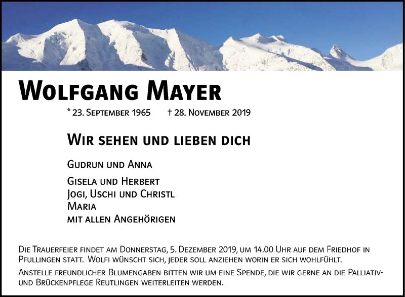  Traueranzeige für Wolfgang Mayer vom 30.11.2019 aus Reutlinger General-Anzeiger