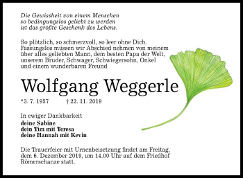 Anzeige von Wolfgang Weggerle von Reutlinger General-Anzeiger