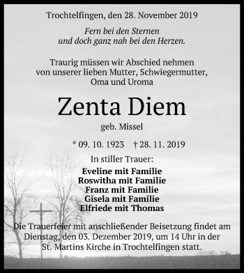Anzeige von Zenta Diem von Reutlinger General-Anzeiger