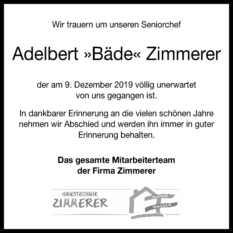  Traueranzeige für Adelbert Zimmerer vom 12.12.2019 aus Reutlinger General-Anzeiger