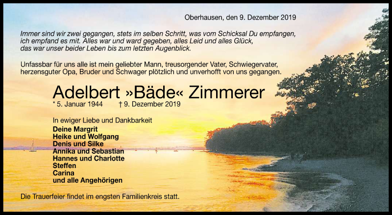  Traueranzeige für Adelbert Zimmerer vom 12.12.2019 aus Reutlinger General-Anzeiger