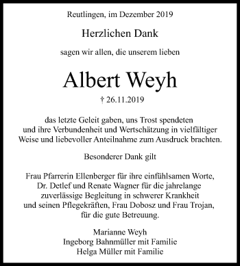 Anzeige von Albert Weyh von Reutlinger General-Anzeiger