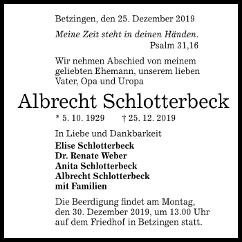 Anzeige von Albrecht Schlotterbeck von Reutlinger General-Anzeiger