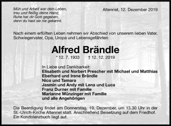 Anzeige von Alfred Brändle von Reutlinger General-Anzeiger