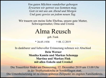 Anzeige von Alma Reusch von Reutlinger General-Anzeiger