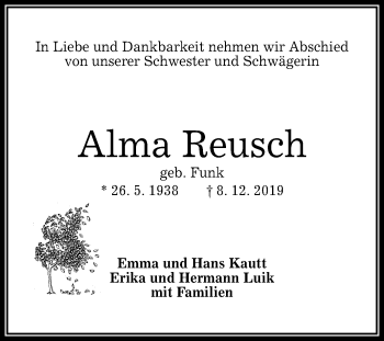 Anzeige von Alma Reusch von Reutlinger General-Anzeiger
