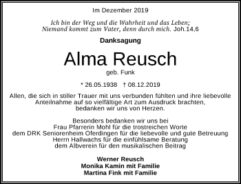 Anzeige von Alma Reusch von Reutlinger General-Anzeiger