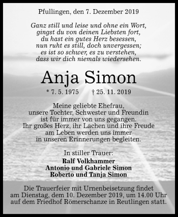 Anzeige von Anja Simon von Reutlinger General-Anzeiger