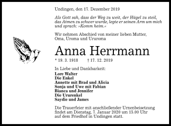 Anzeige von Anna Herrmann von Reutlinger General-Anzeiger