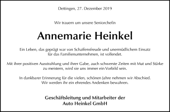 Anzeige von Annemarie Heinkel von Reutlinger General-Anzeiger