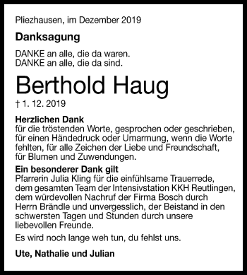Anzeige von Berthold Haug von Reutlinger General-Anzeiger