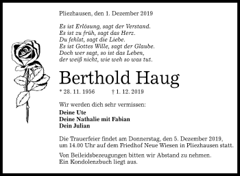 Anzeige von Berthold Haug von Reutlinger General-Anzeiger