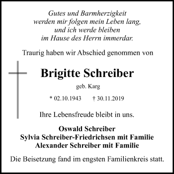 Anzeige von Brigitte Schreiber von Reutlinger General-Anzeiger