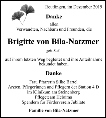 Anzeige von Brigitte von Bila-Natzmer von Reutlinger General-Anzeiger