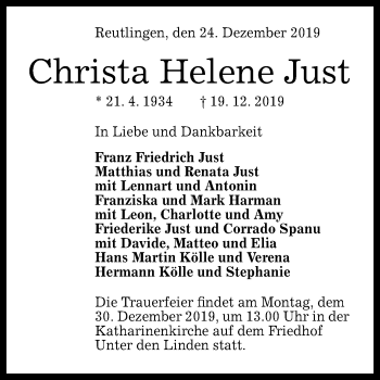 Anzeige von Christa Helene Just von Reutlinger General-Anzeiger