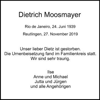 Anzeige von Dietrich Moosmayer von Reutlinger General-Anzeiger