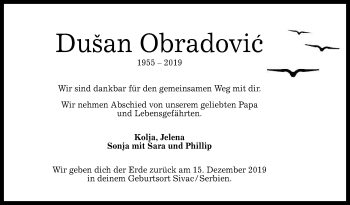 Anzeige von Dusan Obradovic von Reutlinger General-Anzeiger