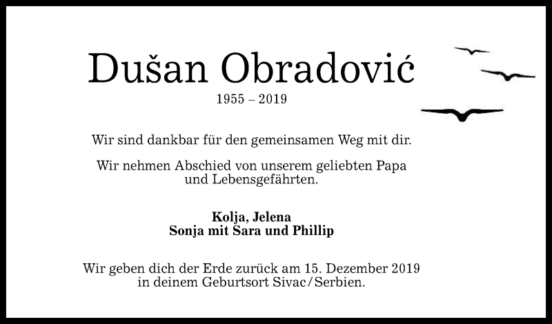  Traueranzeige für Dusan Obradovic vom 10.12.2019 aus Reutlinger General-Anzeiger