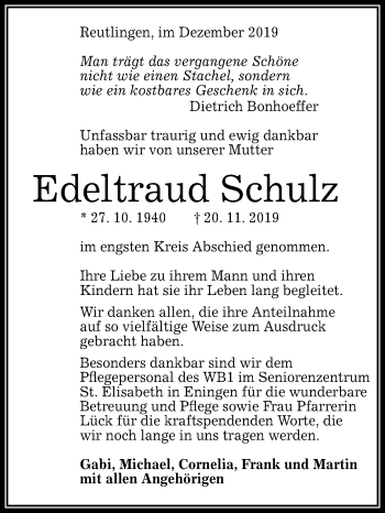 Anzeige von Edeltraud Schulz von Reutlinger General-Anzeiger