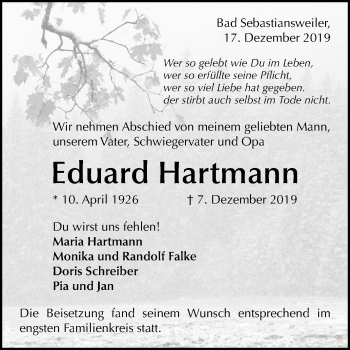Anzeige von Eduard Hartmann von Reutlinger General-Anzeiger