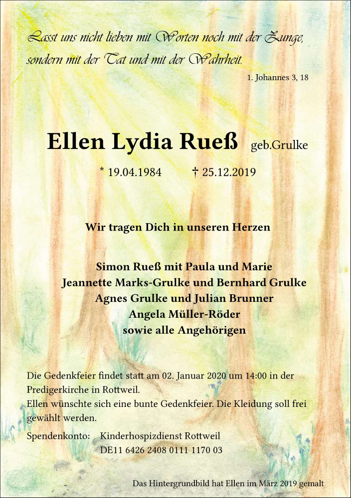  Traueranzeige für Ellen Lydia Rueß vom 28.12.2019 aus Reutlinger General-Anzeiger