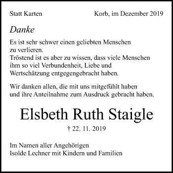 Anzeige von Elsbeth Ruth Staigle von Reutlinger General-Anzeiger