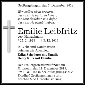 Anzeige von Emilie Leibfritz von Reutlinger General-Anzeiger