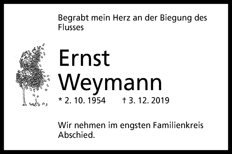  Traueranzeige für Ernst Weymann vom 07.12.2019 aus Reutlinger General-Anzeiger