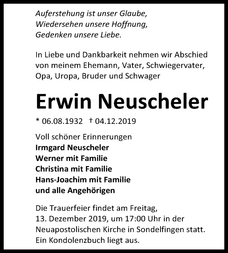  Traueranzeige für Erwin Neuscheler vom 10.12.2019 aus Reutlinger General-Anzeiger