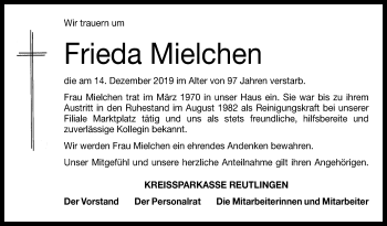 Anzeige von Frieda Mielchen von Reutlinger General-Anzeiger