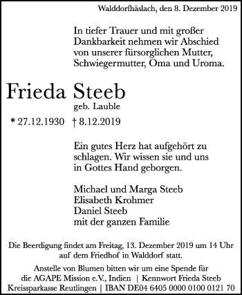 Anzeige von Frieda Steeb von Reutlinger General-Anzeiger