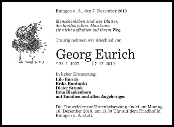 Anzeige von Georg Eurich von Reutlinger General-Anzeiger