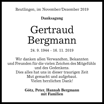 Anzeige von Gertraud Bergmann von Reutlinger General-Anzeiger