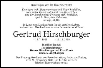 Anzeige von Gertrud Hirschburger von Reutlinger General-Anzeiger