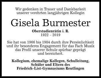 Anzeige von Gisela Burmester von Reutlinger General-Anzeiger