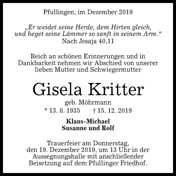 Anzeige von Gisela Kritter von Reutlinger General-Anzeiger