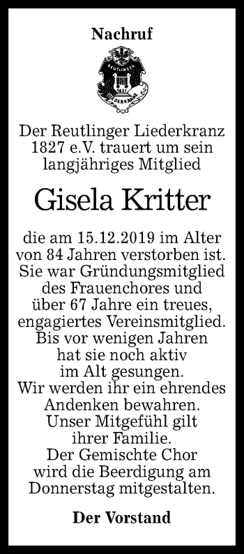 Anzeige von Gisela Kritter von Reutlinger General-Anzeiger