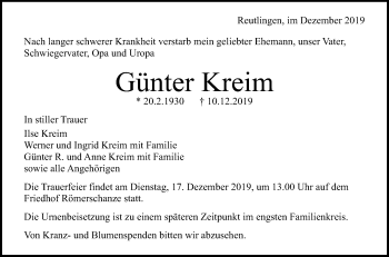 Anzeige von Günter Kreim von Reutlinger General-Anzeiger