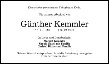 Anzeige von Günther Kemmler von Reutlinger General-Anzeiger