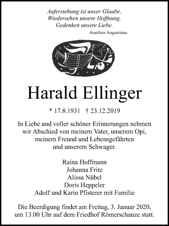 Anzeige von Harald Ellinger von Reutlinger General-Anzeiger