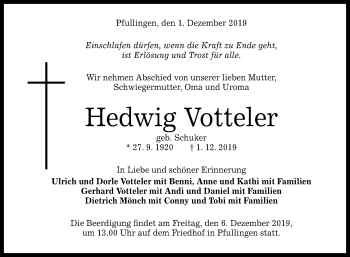 Anzeige von Hedwig Votteler von Reutlinger General-Anzeiger